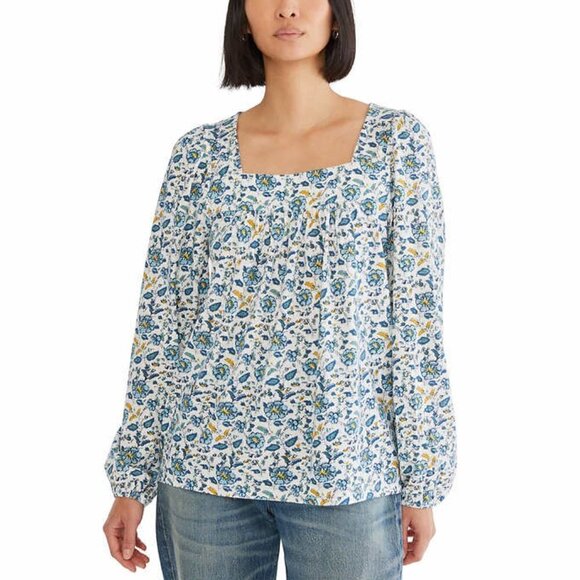 Lucky Brand Women's Top Cream Square Neck Top Boho Floral Long Sleeves NWT - Picture 1 of 6